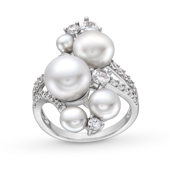 4.0-8.5mm Button Freshwater Cultured Pearl and White Lab-Created Sapphire Cluster Bypass Ring in Sterling Silver