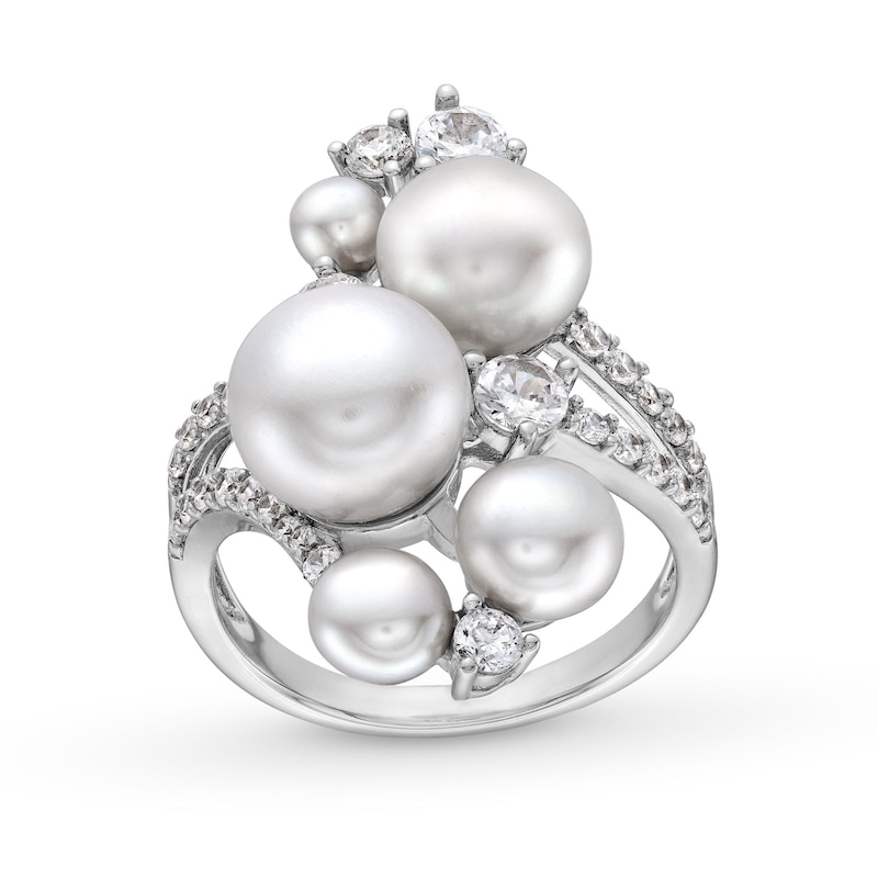 Main Image 1 of 4.0-8.5mm Button Freshwater Cultured Pearl and White Lab-Created Sapphire Cluster Bypass Ring in Sterling Silver