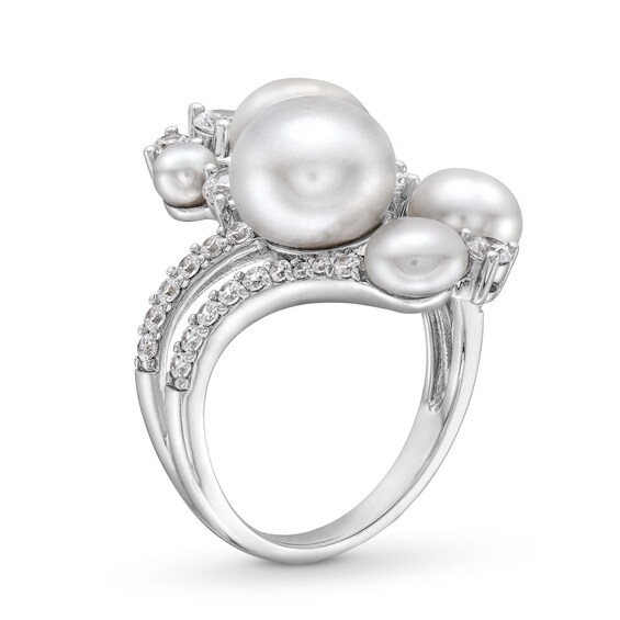 4.0-8.5mm Button Freshwater Cultured Pearl and White Lab-Created Sapphire Cluster Bypass Ring in Sterling Silver