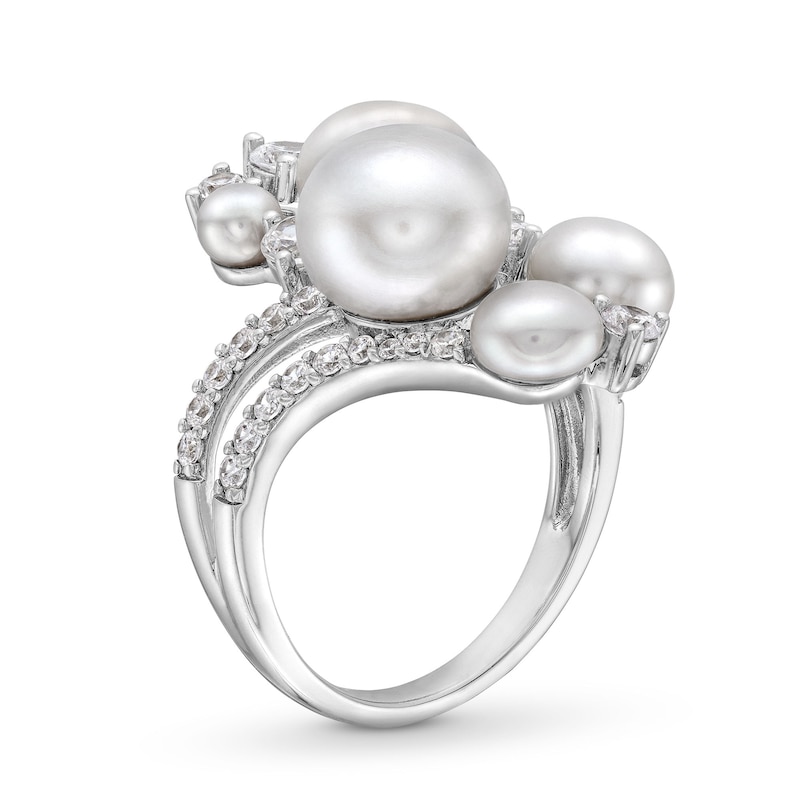 Main Image 3 of 4.0-8.5mm Button Freshwater Cultured Pearl and White Lab-Created Sapphire Cluster Bypass Ring in Sterling Silver