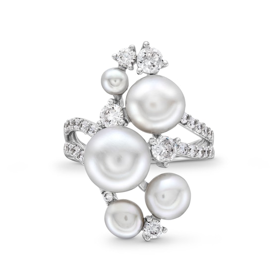 4.0-8.5mm Button Freshwater Cultured Pearl and White Lab-Created Sapphire Cluster Bypass Ring in Sterling Silver
