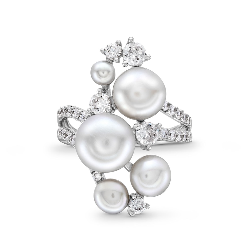 Main Image 4 of 4.0-8.5mm Button Freshwater Cultured Pearl and White Lab-Created Sapphire Cluster Bypass Ring in Sterling Silver