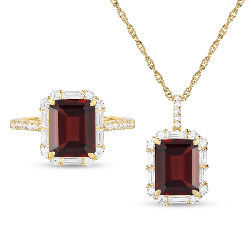 Main Image 1 of Emerald-Cut Garnet and White Lab-Created Sapphire Frame Pendant and Ring Set in Sterling Silver with 14K Gold Plate