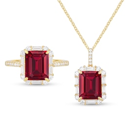 Emerald-Cut Lab-Created Ruby and White Lab-Created Sapphire Pendant and Ring Set in Sterling Silver with 14K Gold Plate