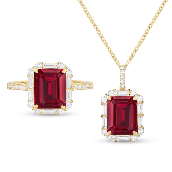 Emerald-Cut Lab-Created Ruby and White Lab-Created Sapphire Pendant and Ring Set in Sterling Silver with 14K Gold Plate