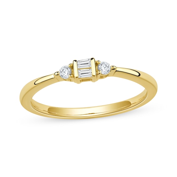 1/10 CT. T.w. Baguette and Round Certified Lab-Grown Diamond Three Stone Ring in 10K Gold (F/Si2)