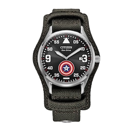 Men's Citizen Eco-Drive® ©MARVEL Captain America Forever Grey Nylon Cuff Band Watch with Black Dial (Model: BV1140-00W)