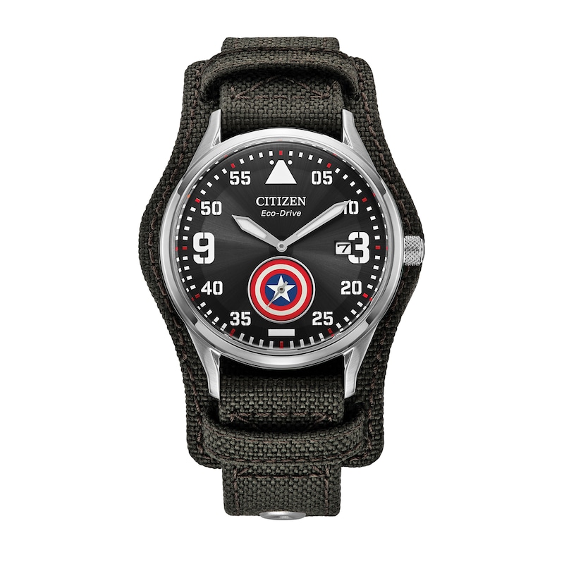Main Image 1 of Men's Citizen Eco-Drive® ©MARVEL Captain America Forever Grey Nylon Cuff Band Watch with Black Dial (Model: BV1140-00W)