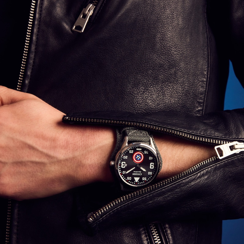 Main Image 5 of Men's Citizen Eco-Drive® ©MARVEL Captain America Forever Grey Nylon Cuff Band Watch with Black Dial (Model: BV1140-00W)