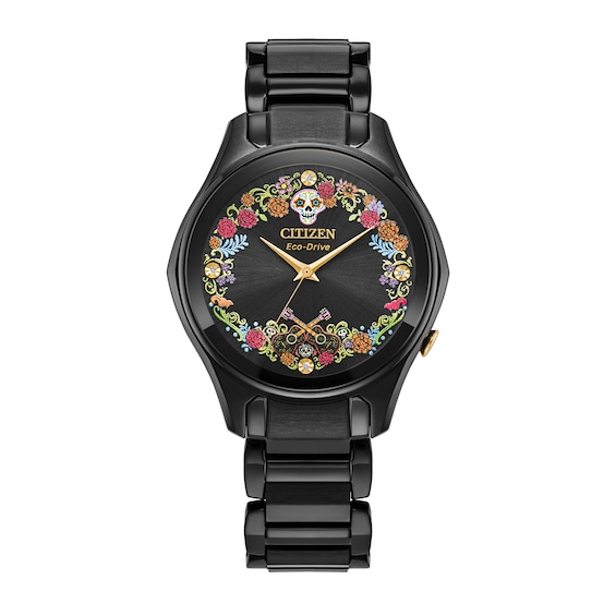 Ladies' Citizen Eco-DriveÂ® Disney Pixar Coco Sugar Skull Crystal Accent Black IP Watch (Model: Em1175-51W)