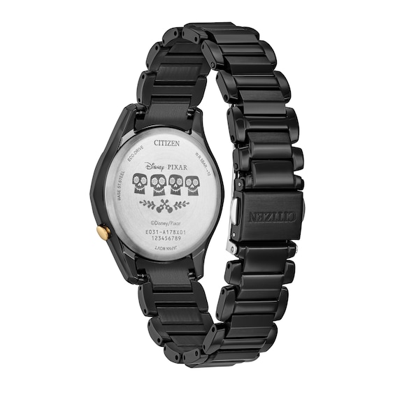Ladies' Citizen Eco-DriveÂ® Disney Pixar Coco Sugar Skull Crystal Accent Black IP Watch (Model: Em1175-51W)