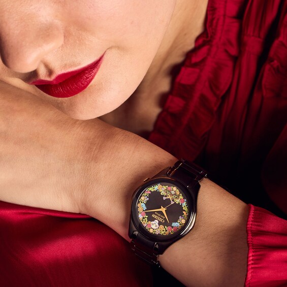 Ladies' Citizen Eco-DriveÂ® Disney Pixar Coco Sugar Skull Crystal Accent Black IP Watch (Model: Em1175-51W)