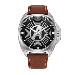 Men's Citizen Eco-Drive® ©Marvel Avengers Brown Leather Strap Watch with Black Dial (Model: AW1721-08W)