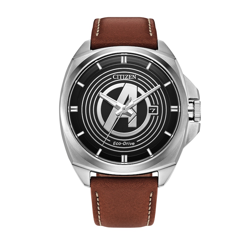 Main Image 1 of Men's Citizen Eco-Drive® ©Marvel Avengers Brown Leather Strap Watch with Black Dial (Model: AW1721-08W)