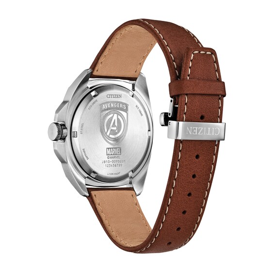 Men's Citizen Eco-Drive® ©Marvel Avengers Brown Leather Strap Watch with Black Dial (Model: Aw1721-08W)