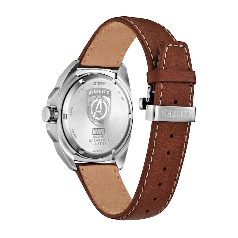 Main Image 3 of Men's Citizen Eco-Drive® ©Marvel Avengers Brown Leather Strap Watch with Black Dial (Model: AW1721-08W)