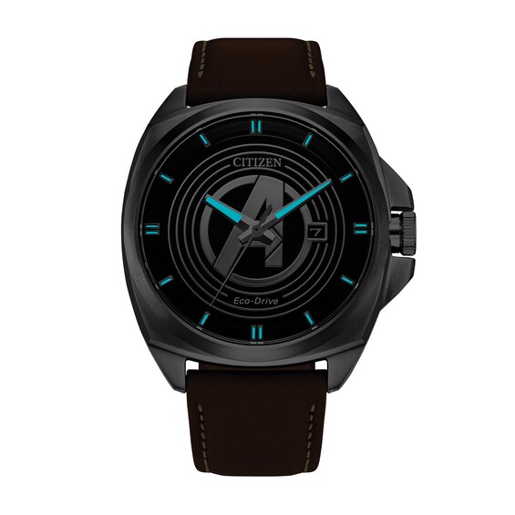 Men's Citizen Eco-Drive® ©Marvel Avengers Brown Leather Strap Watch with Black Dial (Model: Aw1721-08W)