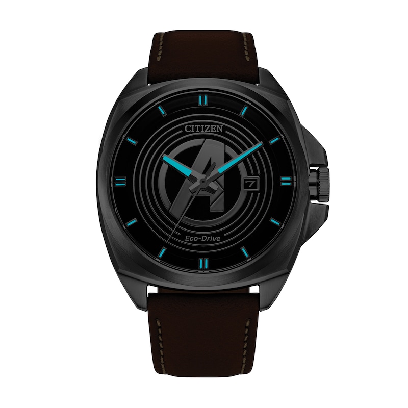Main Image 4 of Men's Citizen Eco-Drive® ©Marvel Avengers Brown Leather Strap Watch with Black Dial (Model: AW1721-08W)