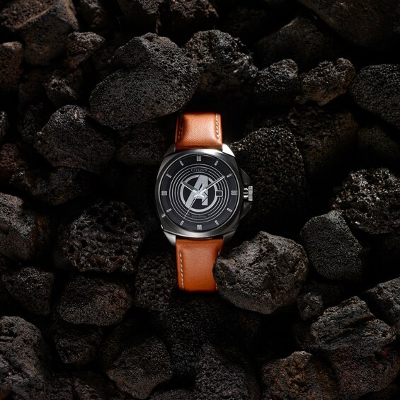 Men's Citizen Eco-Drive® ©Marvel Avengers Brown Leather Strap Watch with Black Dial (Model: Aw1721-08W)