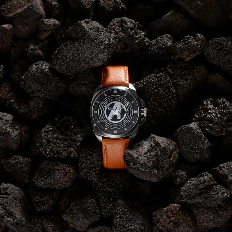 Main Image 6 of Men's Citizen Eco-Drive® ©Marvel Avengers Brown Leather Strap Watch with Black Dial (Model: AW1721-08W)