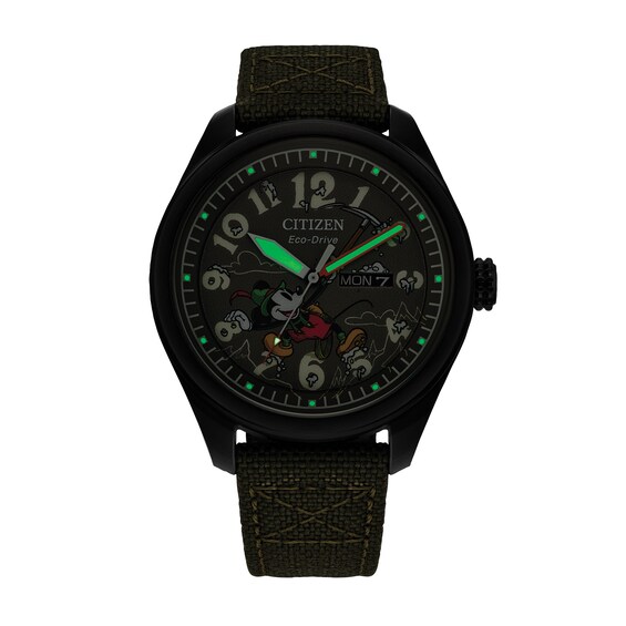 Men's Citizen Eco-DriveÂ® Mickey Mouse Alpine Climber Green Strap Watch and Pin Box Set (Model: Aw0148-47W)