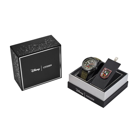 Men's Citizen Eco-DriveÂ® Mickey Mouse Alpine Climber Green Strap Watch and Pin Box Set (Model: Aw0148-47W)