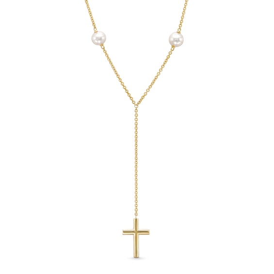 6.0-6.5mm Freshwater Cultured Pearl Station Cross "Y" Necklace in 14K Gold