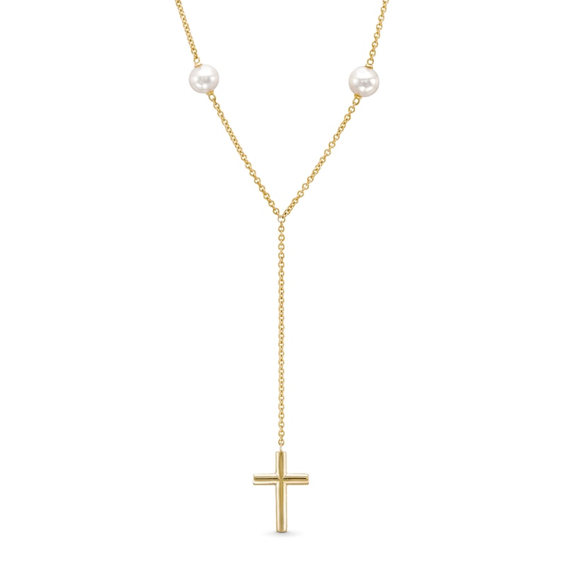 Main Image 1 of 6.0-6.5mm Freshwater Cultured Pearl Station Cross "Y" Necklace in 14K Gold