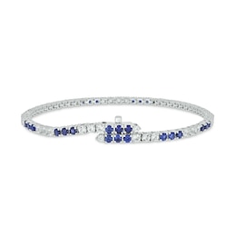 Blue and White Lab-Created Sapphire with Black Diamond Accent Alternating Trios Line Bracelet in Sterling Silver