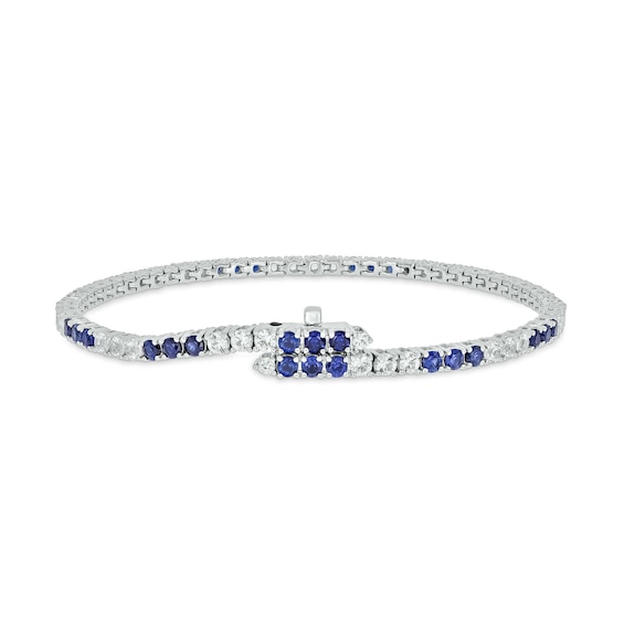 Blue and White Lab-Created Sapphire with Black Diamond Accent Alternating Trios Line Bracelet in Sterling Silver