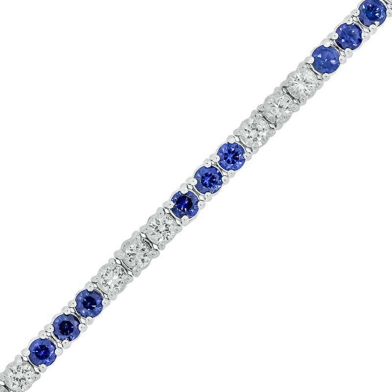 Main Image 2 of Blue and White Lab-Created Sapphire with Black Diamond Accent Alternating Trios Line Bracelet in Sterling Silver