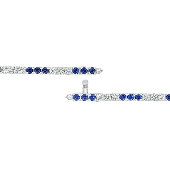 Blue and White Lab-Created Sapphire with Black Diamond Accent Alternating Trios Line Bracelet in Sterling Silver