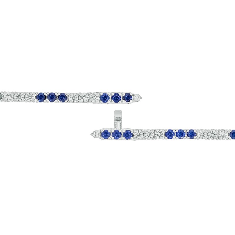 Main Image 3 of Blue and White Lab-Created Sapphire with Black Diamond Accent Alternating Trios Line Bracelet in Sterling Silver
