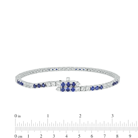 Blue and White Lab-Created Sapphire with Black Diamond Accent Alternating Trios Line Bracelet in Sterling Silver