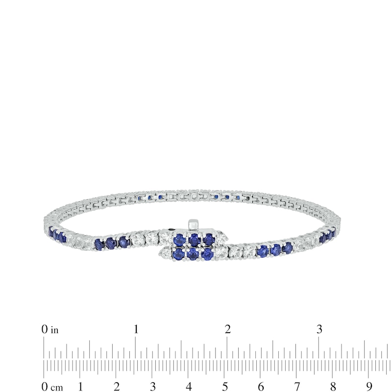 Main Image 4 of Blue and White Lab-Created Sapphire with Black Diamond Accent Alternating Trios Line Bracelet in Sterling Silver