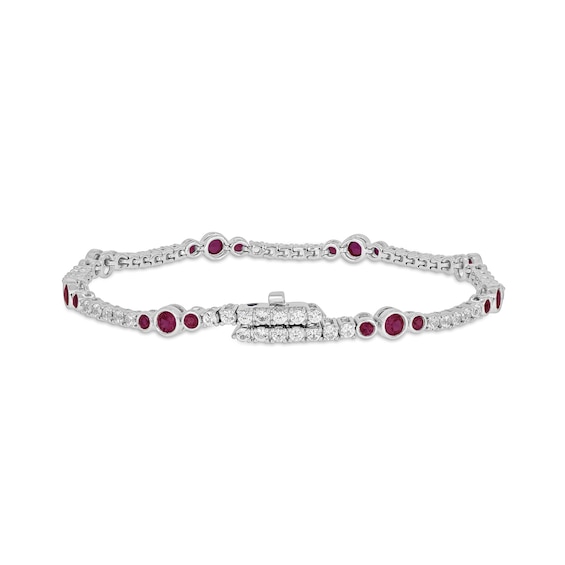 Lab-Created Ruby and White Lab-Created Sapphire with Black Diamond Accent Alternating Line Bracelet in Sterling Silver