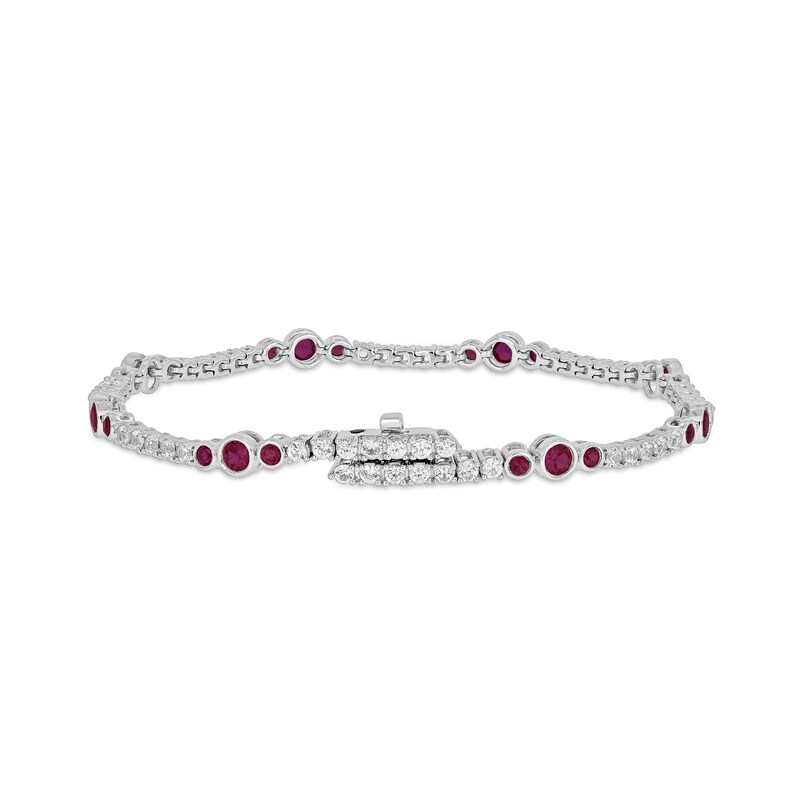 Main Image 1 of Lab-Created Ruby and White Lab-Created Sapphire with Black Diamond Accent Alternating Line Bracelet in Sterling Silver