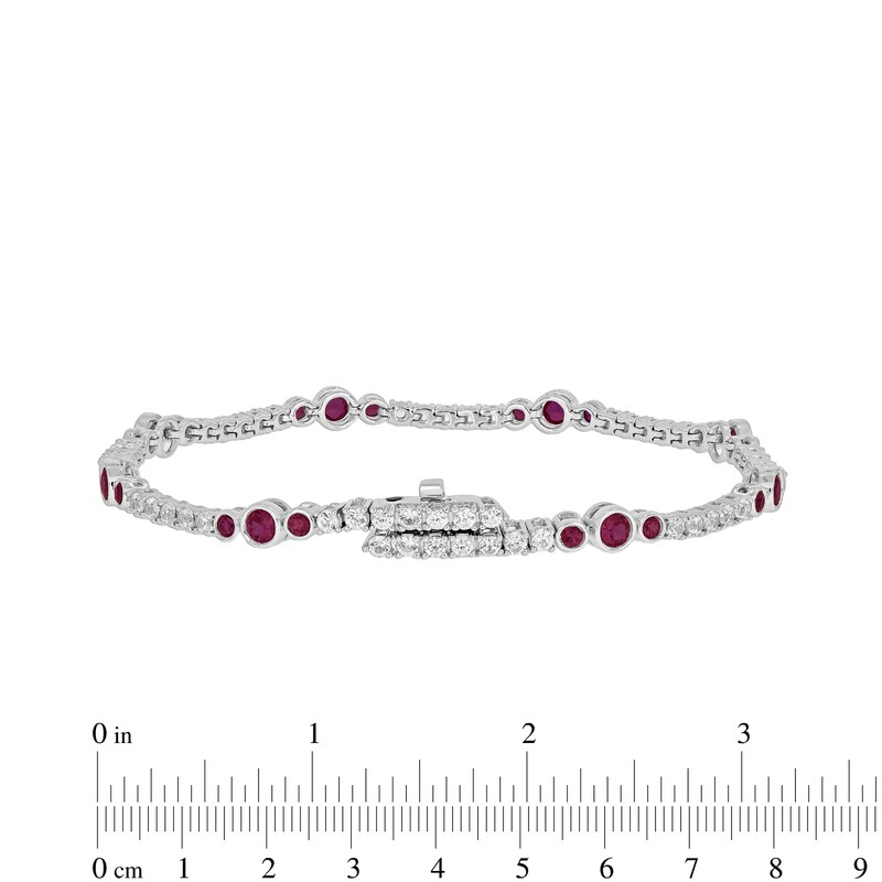 Main Image 4 of Lab-Created Ruby and White Lab-Created Sapphire with Black Diamond Accent Alternating Line Bracelet in Sterling Silver