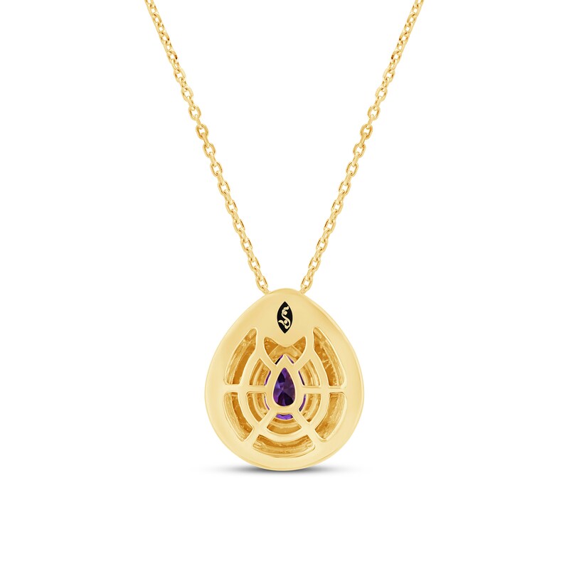 Main Image 3 of Zales x Christian Siriano™ Pear-Shaped Amethyst and Diamond Enamel Frame Pendant in Sterling Silver with 14K Gold Plate