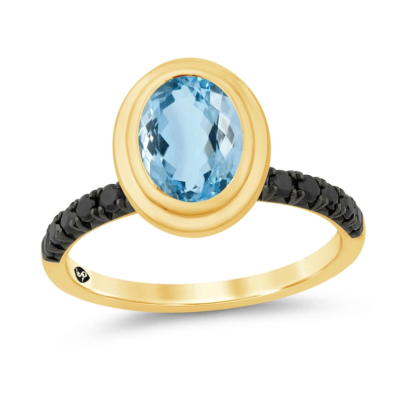 Main Image 1 of Zales x Christian Siriano™ Oval Aquamarine and Black Diamond Ring in Sterling Silver with 14K Gold Plate