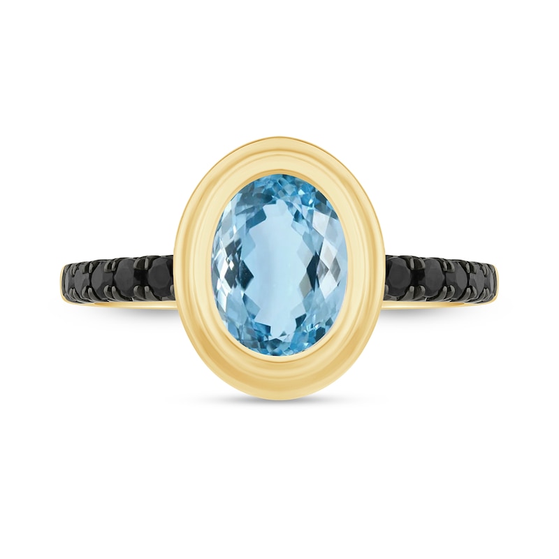 Main Image 2 of Zales x Christian Siriano™ Oval Aquamarine and Black Diamond Ring in Sterling Silver with 14K Gold Plate