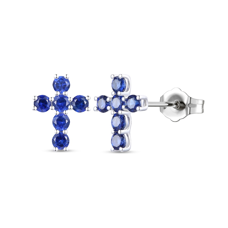 Main Image 1 of Blue Lab-Created Sapphire Cross Stud Earrings in 10K White Gold