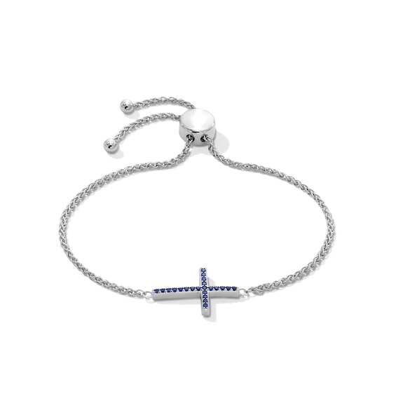 Blue Lab-Created Sapphire Sideways Cross Bolo Bracelet in Sterling Silver - 9.0"