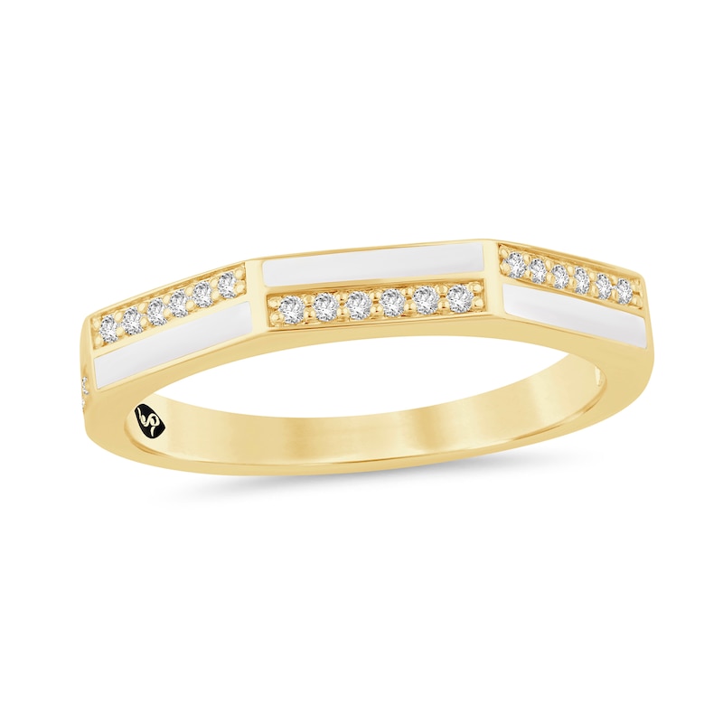 Main Image 1 of Zales x Christian Siriano™ 1/10 CT. T.W. Diamond White Enamel Angled Band in Sterling Silver with 14K Gold Plate