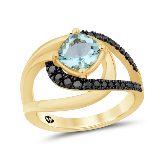 Zales x Christian Sirianoâ¢ Aquamarine and Black Diamond Crossover Loop Ring Sterling Silver with 14K Gold Plate