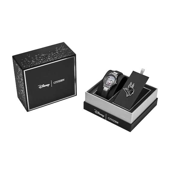 Ladies' Citizen Eco-Drive® Villains Maleficent's Charm Black Leather Strap Watch and Pin Box Set (Model: Ga1080-41Y)