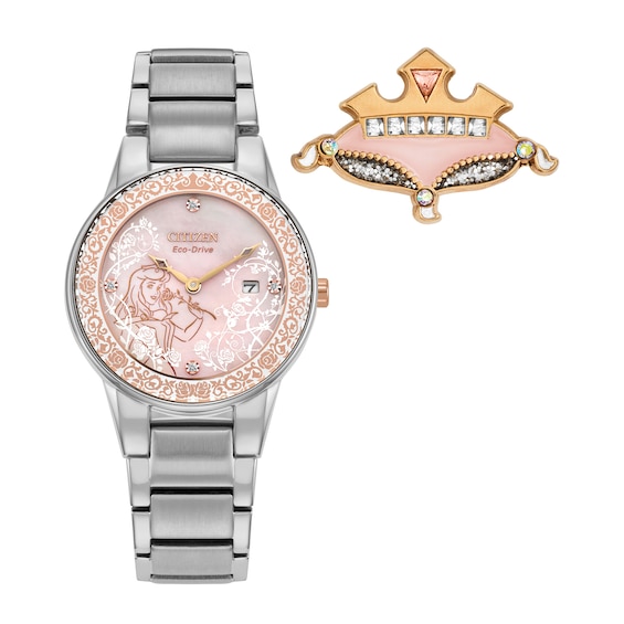 Ladies' Citizen Eco-DriveÂ® Disney Sleeping Beauty Pink Mother-of-Pearl Watch and Pin Box Set (Model: Ga1081-65N)