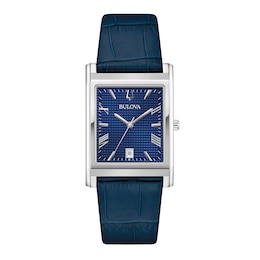 Men's Bulova Sutton Blue Leather Strap Watch with Rectangular Blue Dial (Model: 96B442)