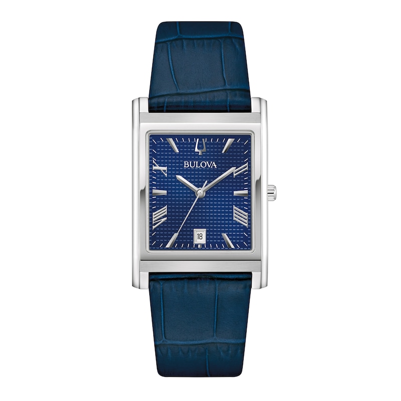 Main Image 1 of Men's Bulova Sutton Blue Leather Strap Watch with Rectangular Blue Dial (Model: 96B442)