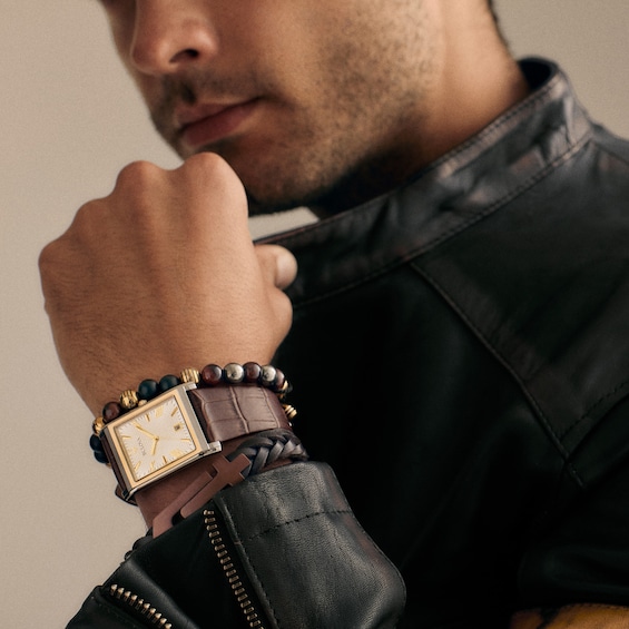 Men's Bulova Sutton Two-Tone IP Brown Leather Strap Watch with Rectangular White Dial (Model: 98B430)